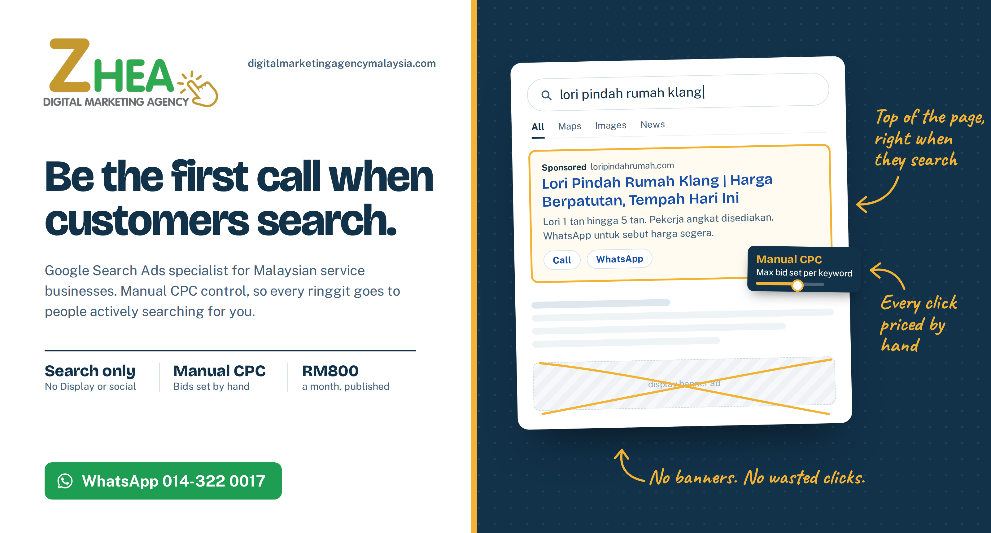 Google Ads management by ZHEA: a sponsored Google search ad marked up to show manual CPC bidding and no wasted banner ads
